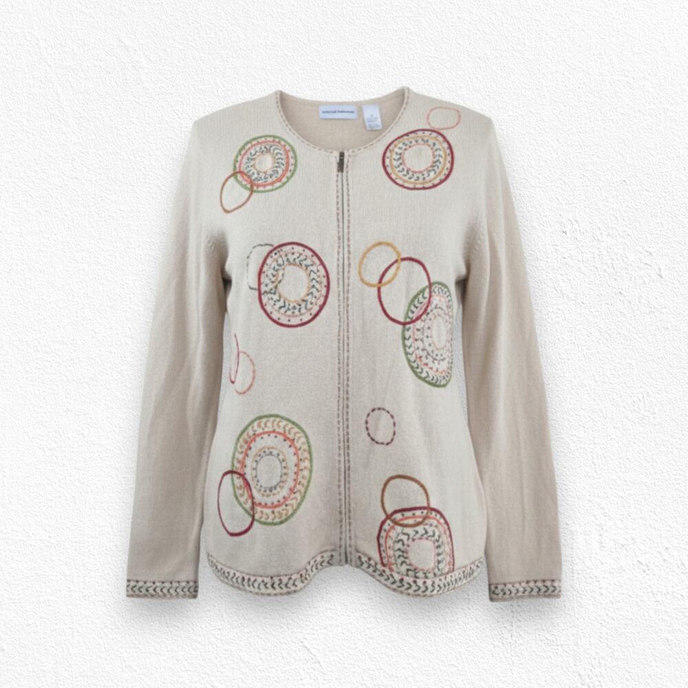 90s Alfred Dunner Beige Embroidered Front Zip Embroidered Sweater Size Medium